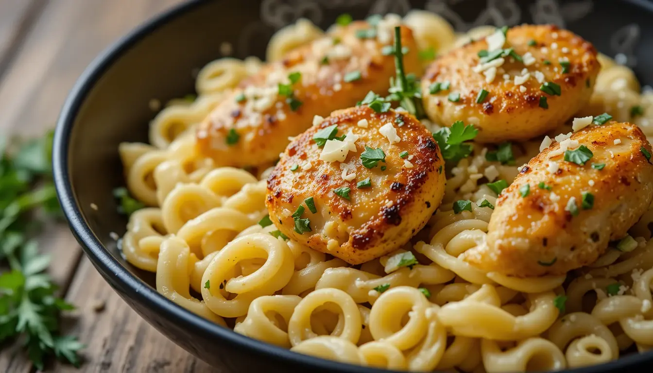 The Best Garlic Butter Chicken Bites with Creamy Parmesan Pasta 4 Seared garlic butter chicken bites cooking in skillet