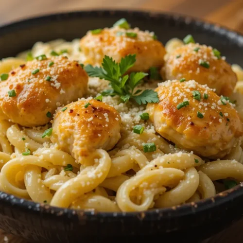 The Best Garlic Butter Chicken Bites with Creamy Parmesan Pasta 2 Garlic butter chicken bites creamy parmesan pasta recipe card layout