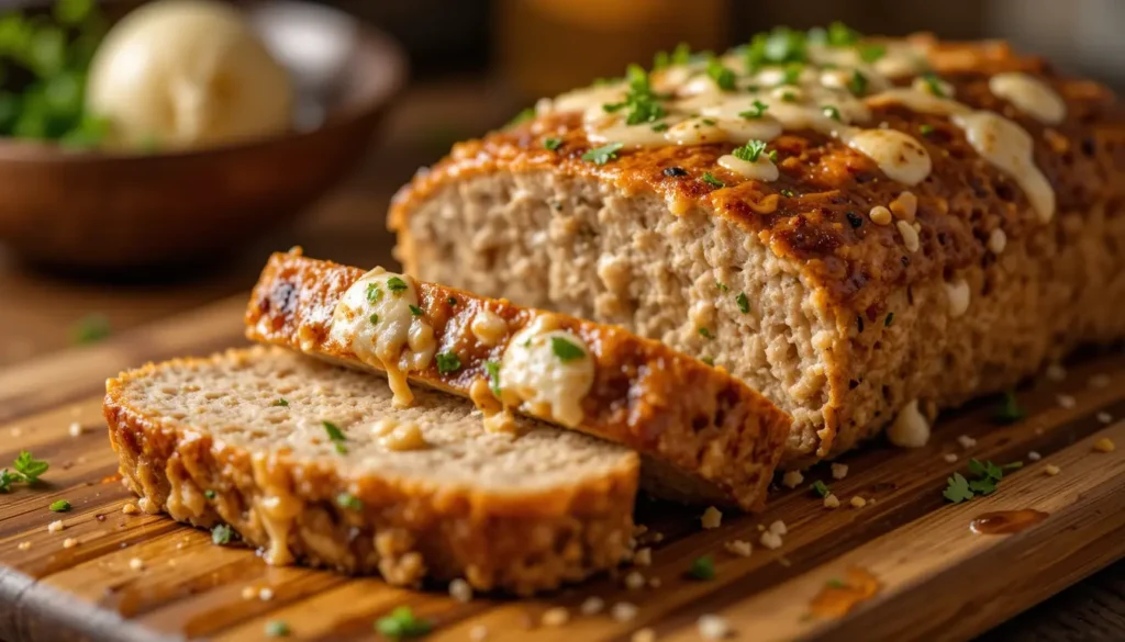 Garlic parmesan chicken meatloaf sliced and served with melted cheese and parsley