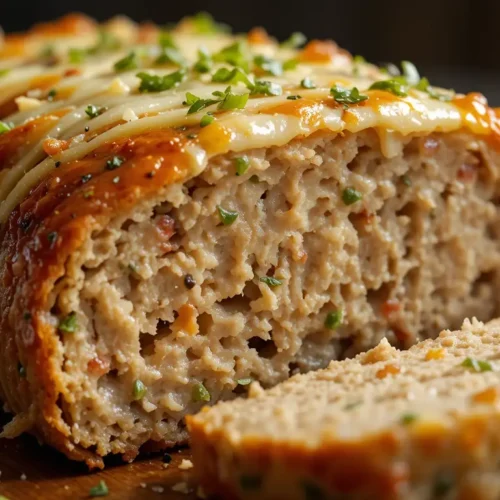 The Best Garlic Parmesan Chicken Meatloaf – Family Tested & Loved 2 Garlic parmesan chicken meatloaf slices served on a platter with melted cheese