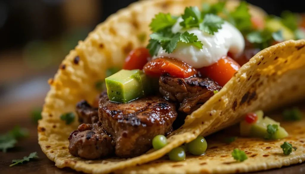Skirt steak tacos bar with toppings, tortillas, and grilled steak on wooden board