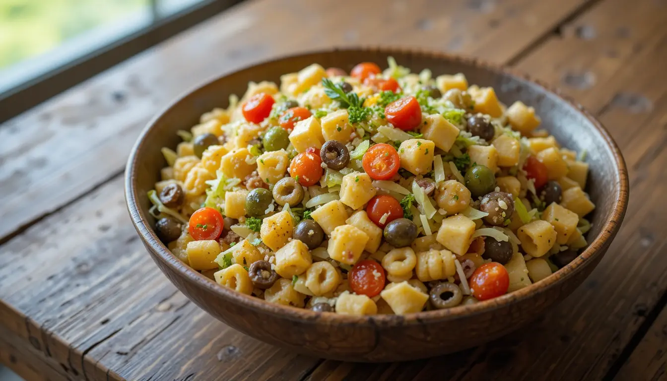 Grinder Pasta Salad in a serving bowl with cheddar, lettuce, and tomatoes