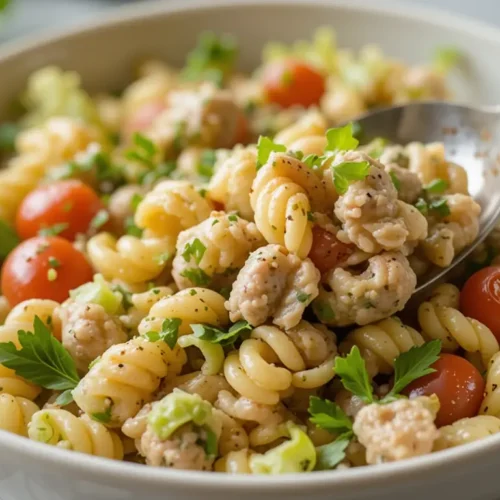 Italian Grinder Pasta Salad That Tastes Better the Next Day 2 Italian Grinder Pasta Salad recipe card and serving