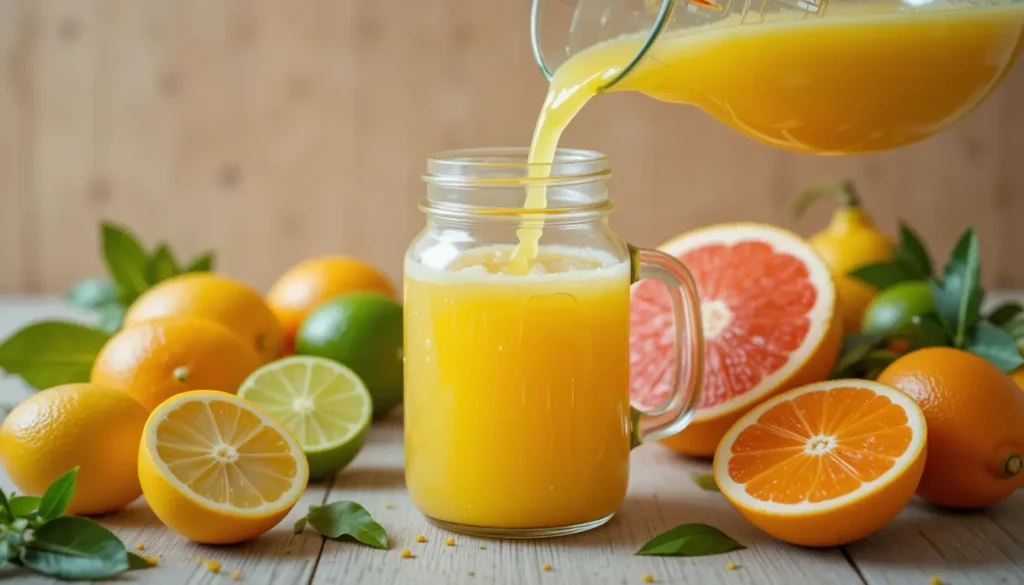 Juice citrus in glass with fresh fruits and ginger