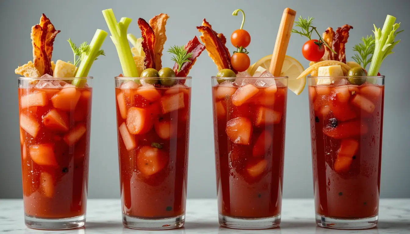 How to Make the Best Pickle Bloody Mary Shot at Home 4 Ingredients for pickle Bloody Mary shot including tomato juice, pickles, and garnishes