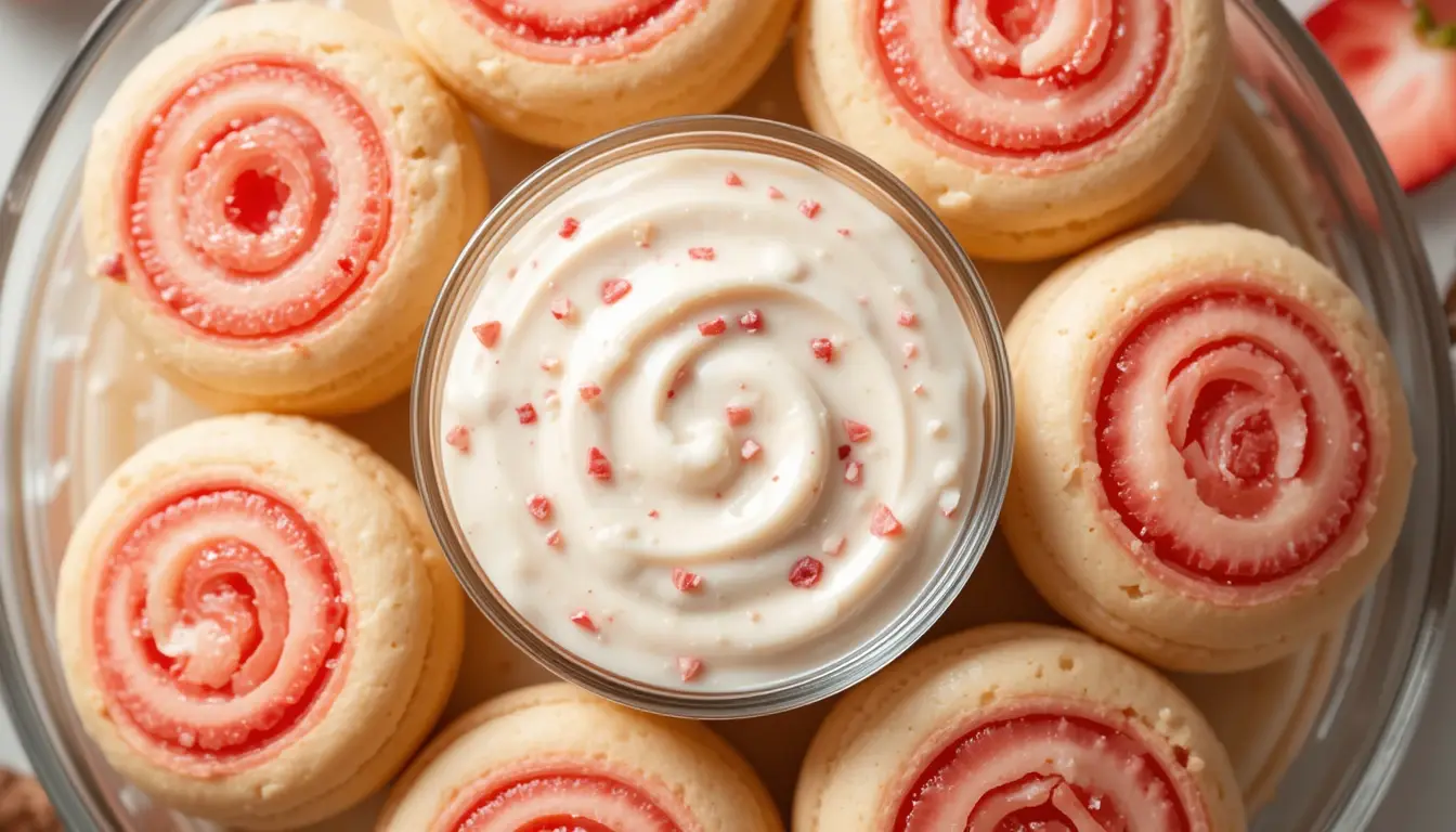 Strawberry Banana Pudding Cookies with Cheesecake Dip Recipe 5 Strawberry swirl pudding cookies with cheesecake dip in bowl