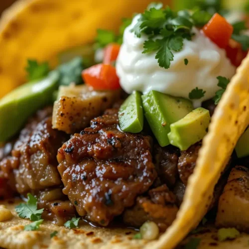 Skirt Steak Tacos Made Simple – Big Flavor, Minimal Effort 2 Close-up of a grilled skirt steak tacos with avocado and sour cream on corn tortilla