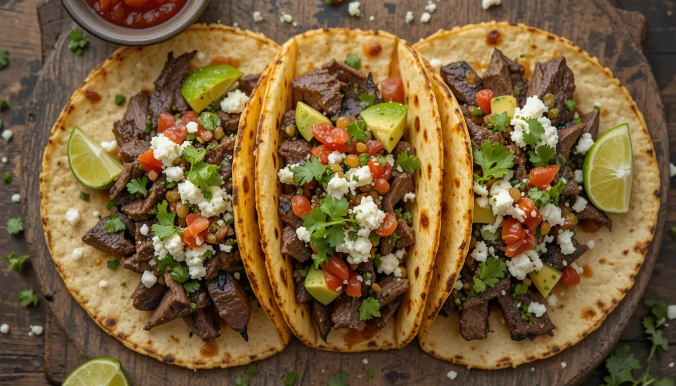 Skirt Steak Tacos Made Simple – Big Flavor, Minimal Effort 4 Overhead view of skirt steak tacos with grilled meat, avocado, and queso fresco on corn tortillas