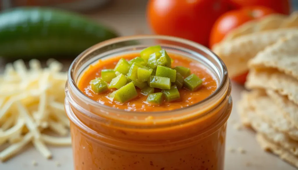 Taco Bell quesadilla sauce in a jar with fresh ingredients