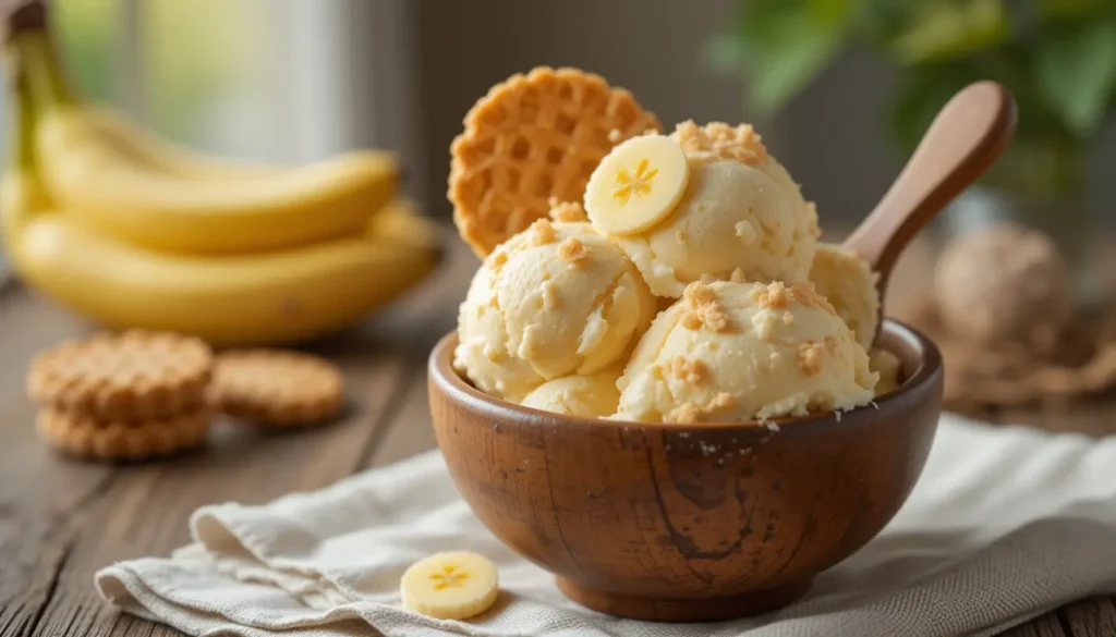 Homemade banana pudding ice cream with vanilla wafers in a rustic bowl