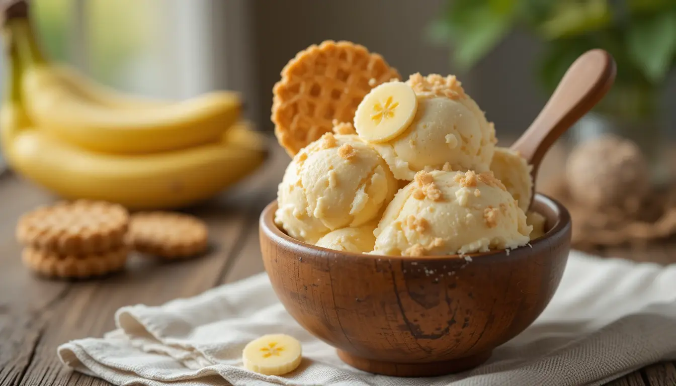 Homemade banana pudding ice cream with vanilla wafers in a rustic bowl