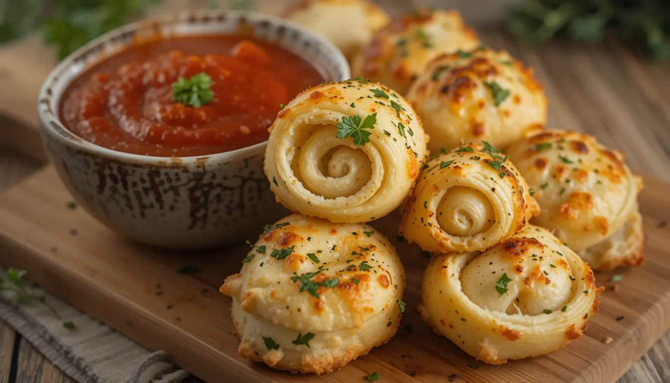 Cheesy Garlic Butter Rollups: The Ultimate Comfort Appetizer 1 Cheesy garlic butter rollups on a rustic wooden table