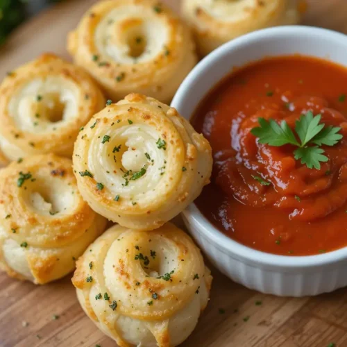 Cheesy Garlic Butter Rollups: The Ultimate Comfort Appetizer 2 Cheesy garlic butter rollups with dipping sauce