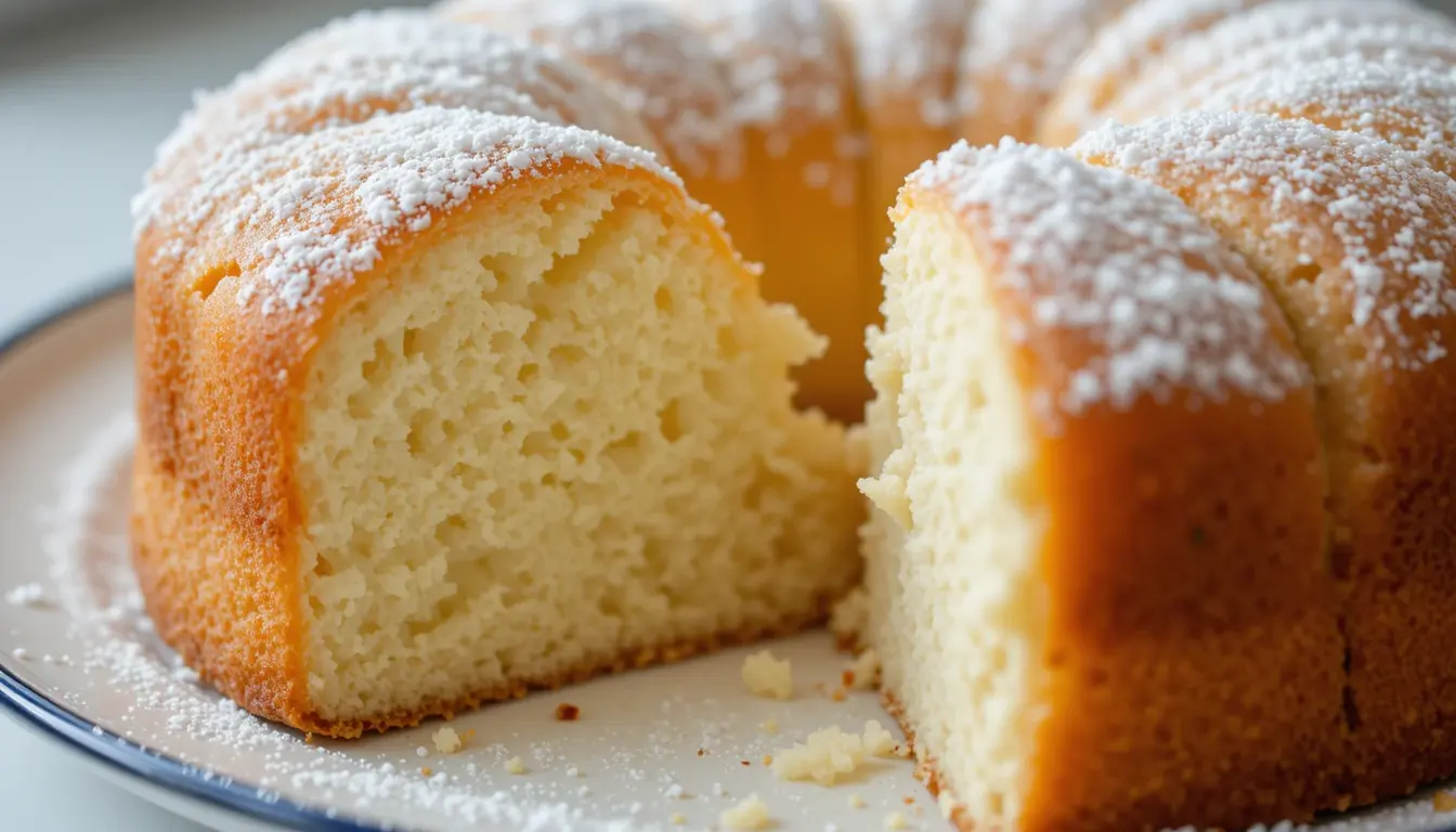 Sliced cloud cake recipe with golden crust and powdered sugar