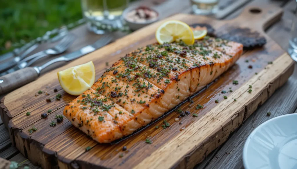 Grilled salmon on plank cedar over smoky grill