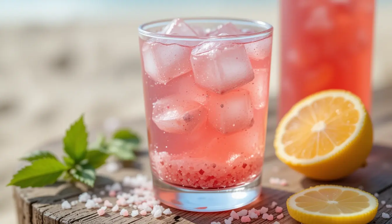 Glass of Japanese Pink Salt Recipe detox drink with lemon and honey