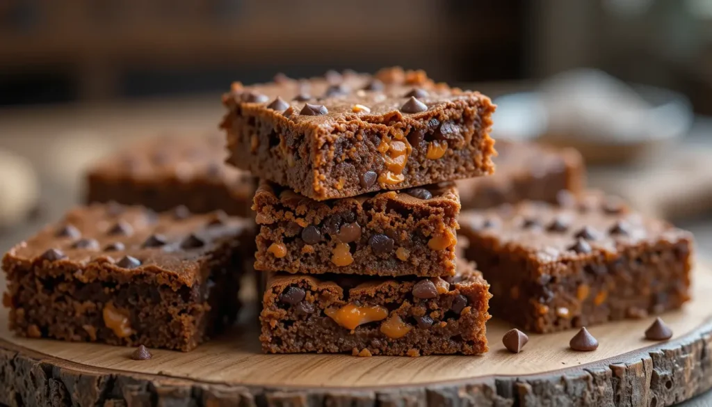 Sweet potato brownies stacked with gooey chocolate