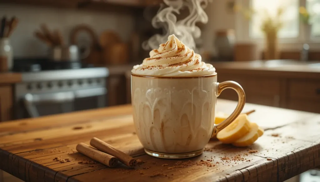 Banana bread latte with whipped cream in a cozy kitchen setting