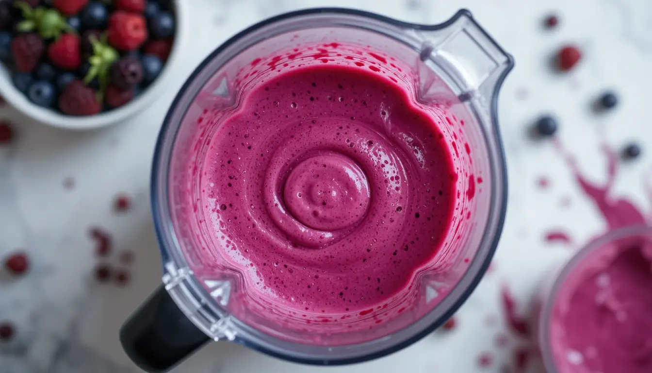 Gluten Free Smoothies That Actually Taste Good and Keep You Full All Day 4 blender with berry gluten free smoothies mid-blend