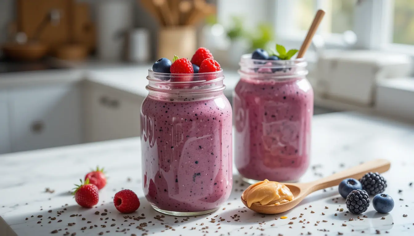 gluten free smoothies with berries and chia in rustic jars