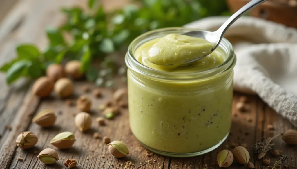 Homemade pistachio cream recipe in a glass jar
