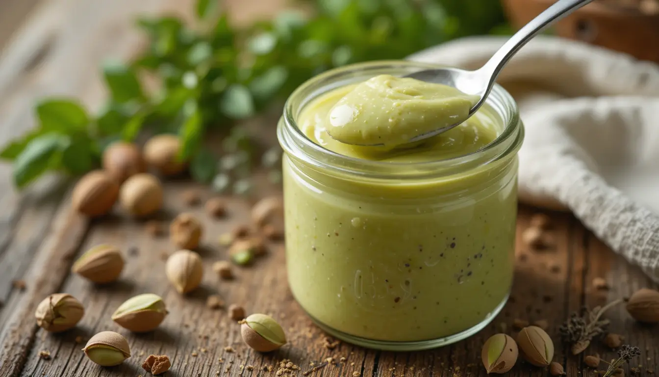 Homemade pistachio cream recipe in a glass jar