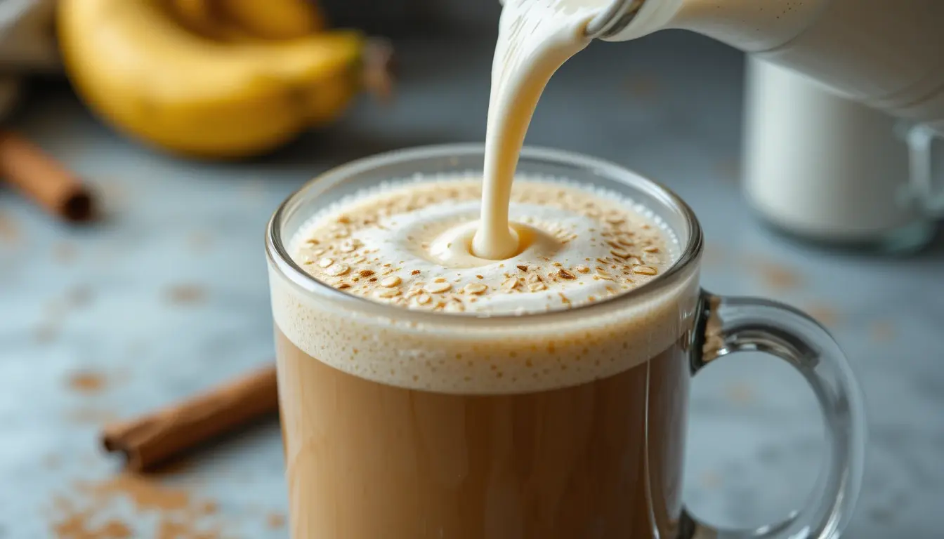 How To Make The Best Banana Bread Latte With Real Banana Or Syrup 4 Pouring frothed milk into banana bread latte mixture