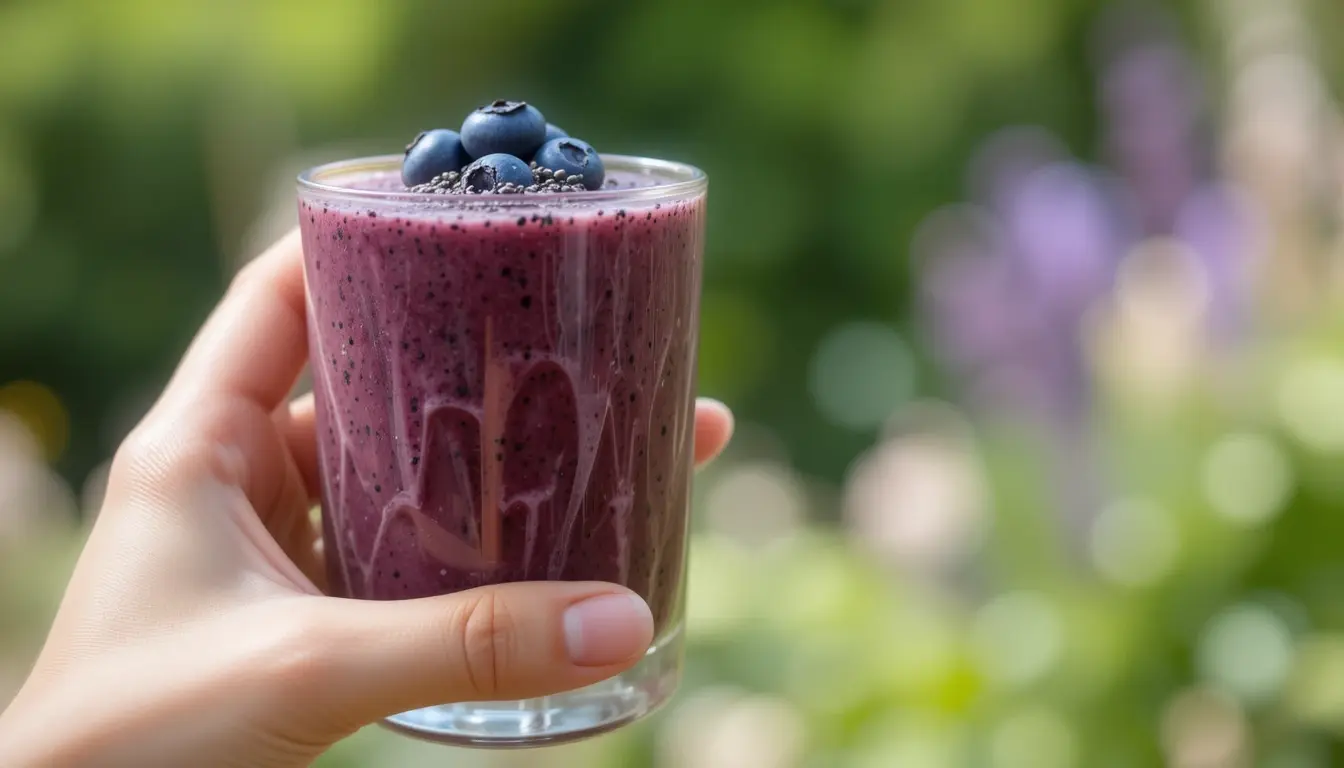 Gluten Free Smoothies That Actually Taste Good and Keep You Full All Day 5 serving gluten free smoothies in a glass topped with chia
