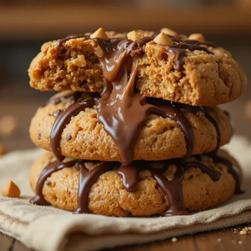 Stack of triple Reese’s peanut butter cookies served with milk