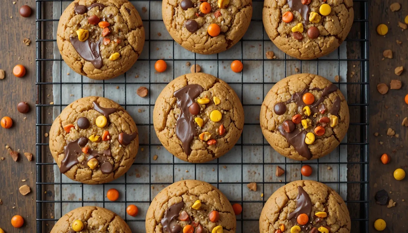 Triple Reese’s peanut butter cookies next to recipe card