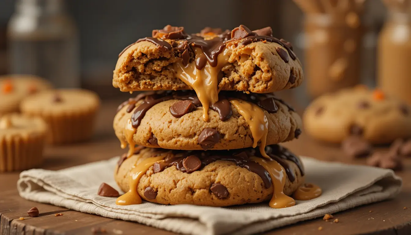 Triple Reese’s peanut butter cookies on a cooling rack