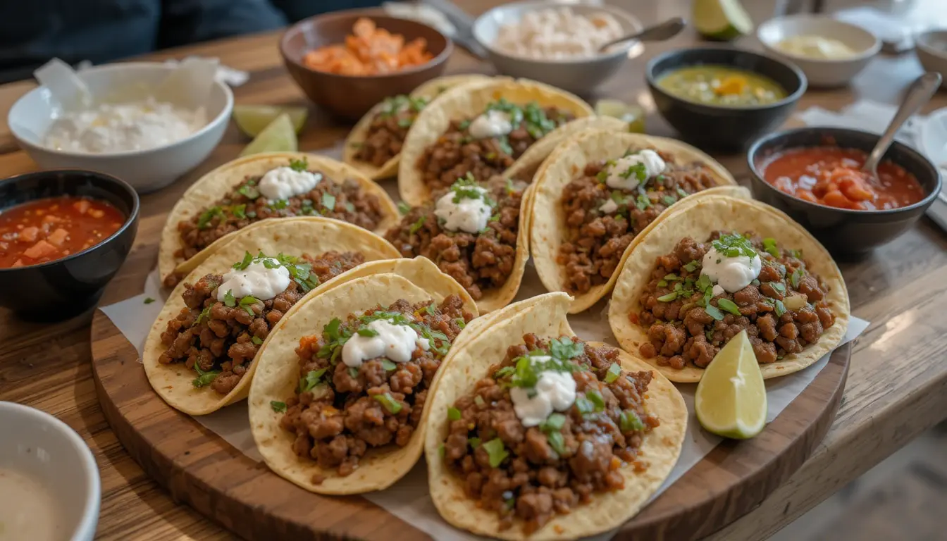 assembling ground beef tacos with fresh toppings