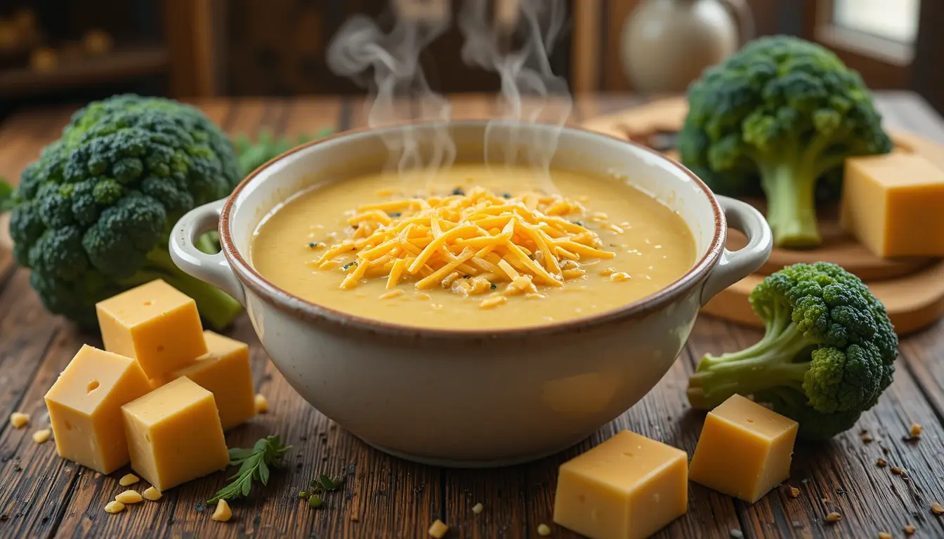 Crockpot broccoli cheddar soup with shredded cheddar on top