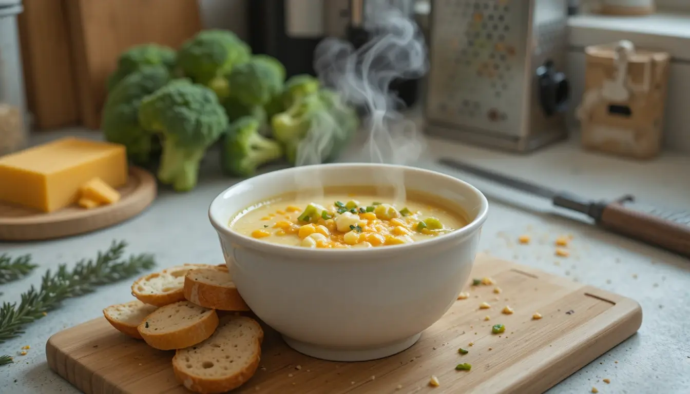 Stirring melted cheddar into broccoli soup in crockpot