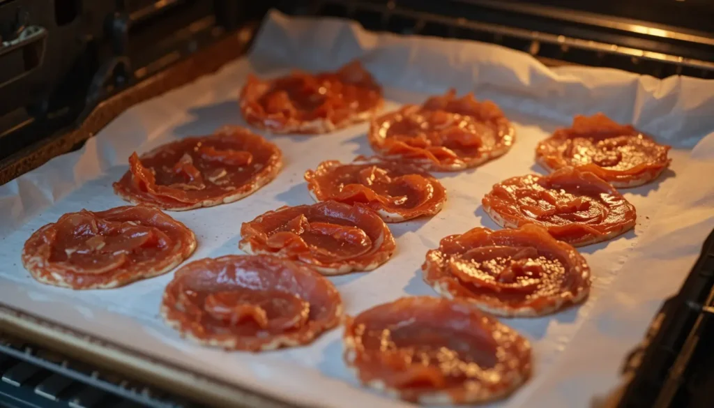 crispy prosciutto on wooden board with herbs