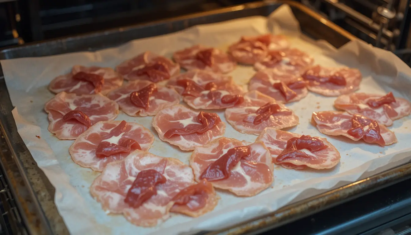 prosciutto slices on baking sheet in oven