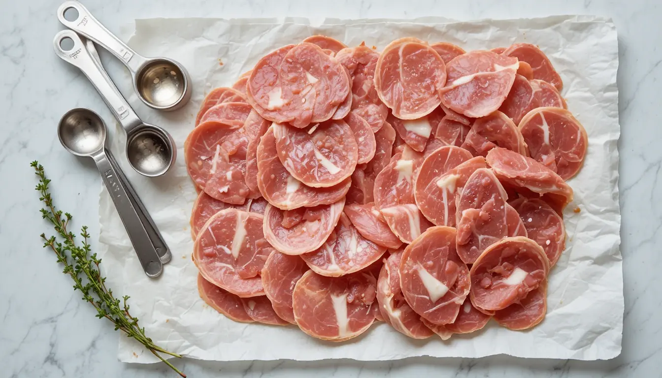 sliced prosciutto on parchment with herbs
