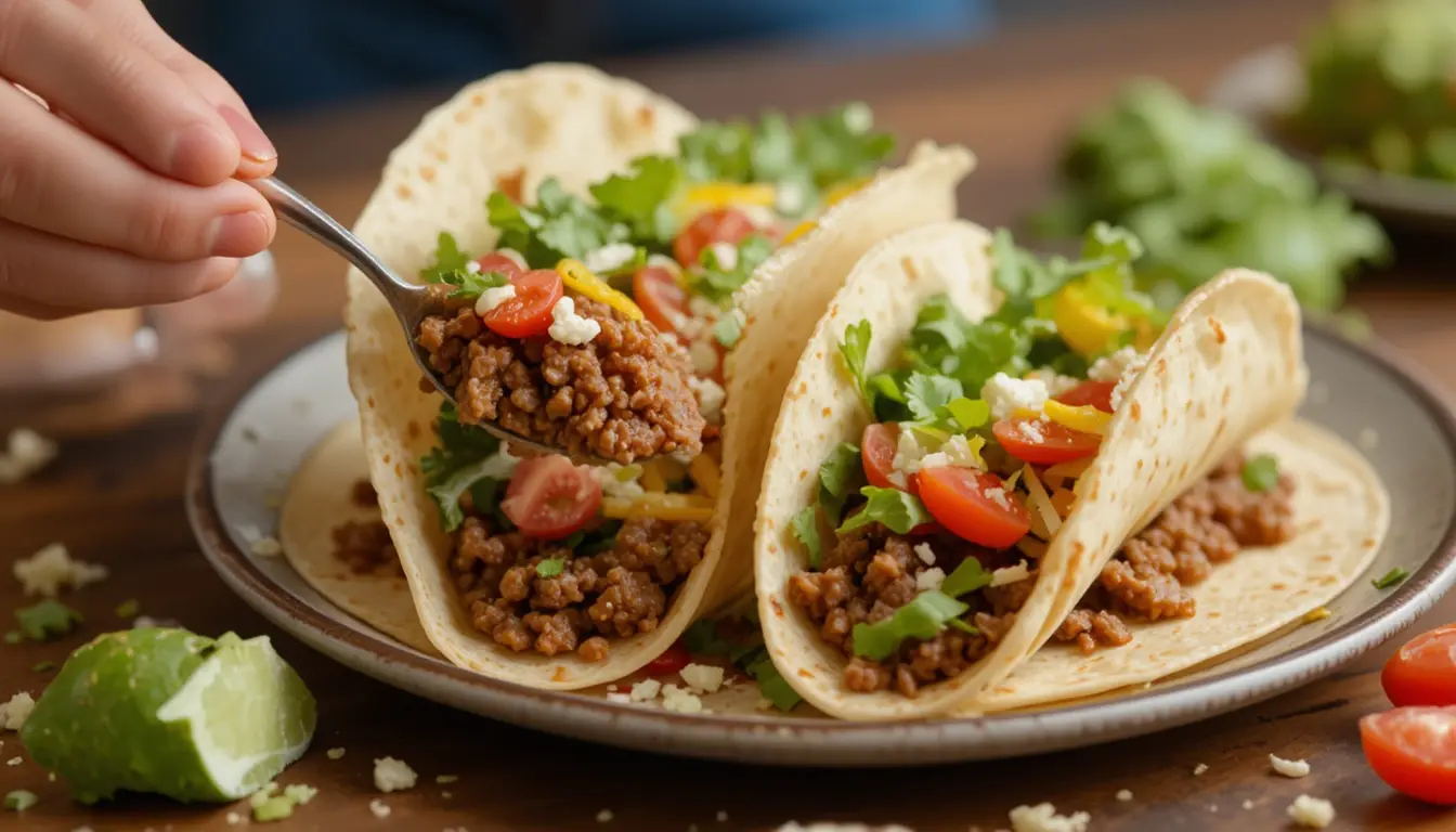 ground beef tacos on rustic table with fresh toppings