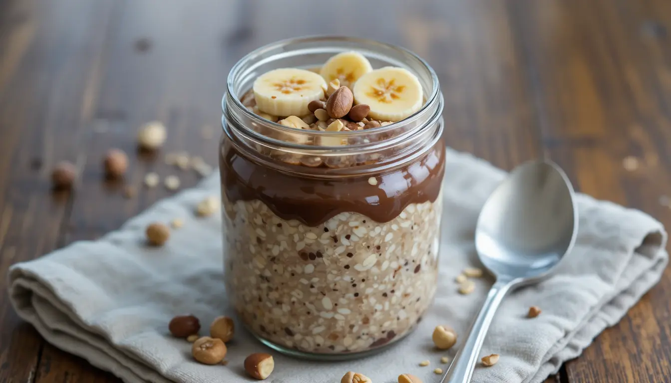 Overnight oats recipes topped with fruit, nuts, and chocolate in jars