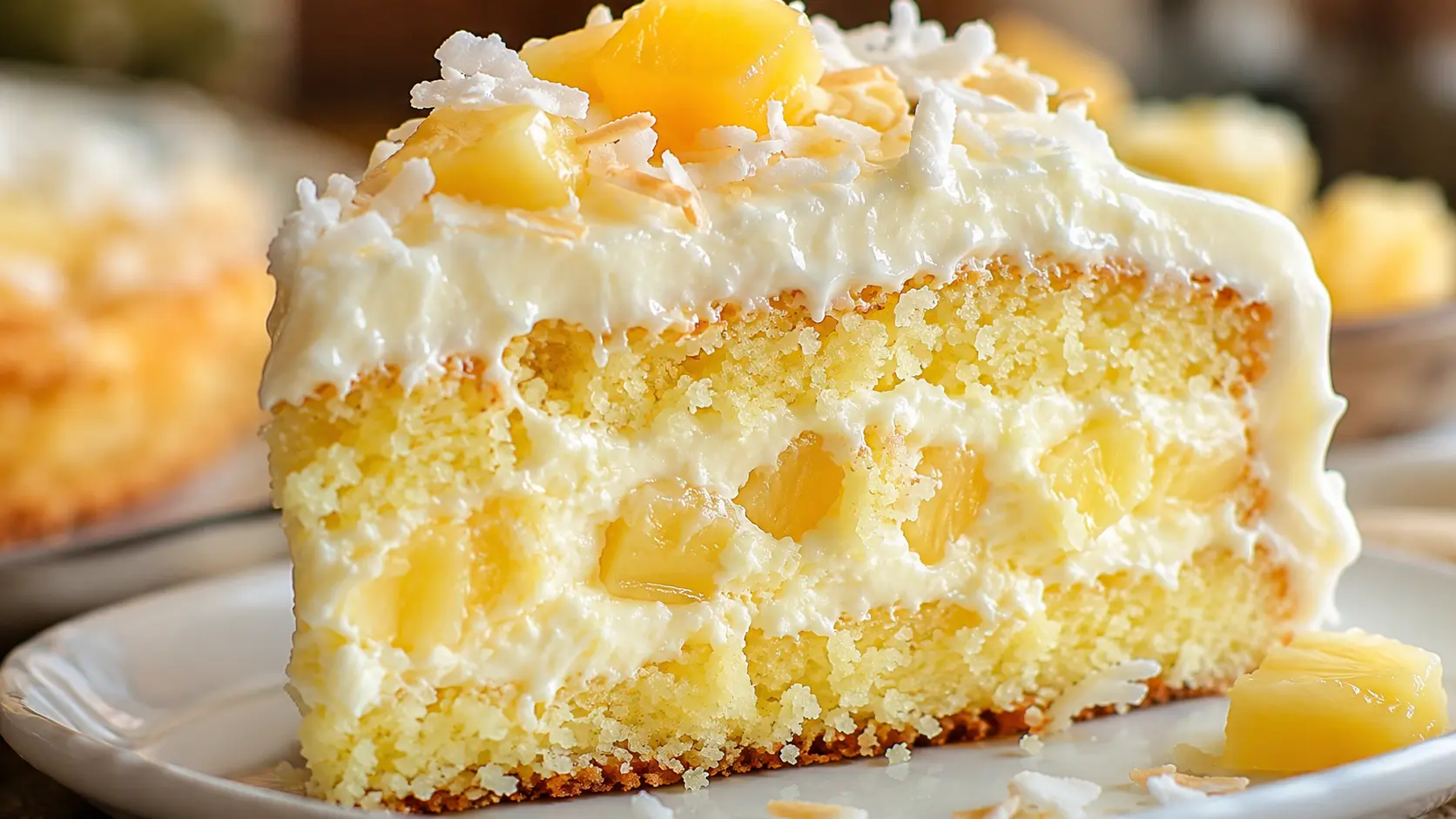 Pineapple Coconut Dream Cake Recipe with moist yellow cake layers, creamy coconut filling, pineapple chunks, toasted coconut, and tropical dessert styling.