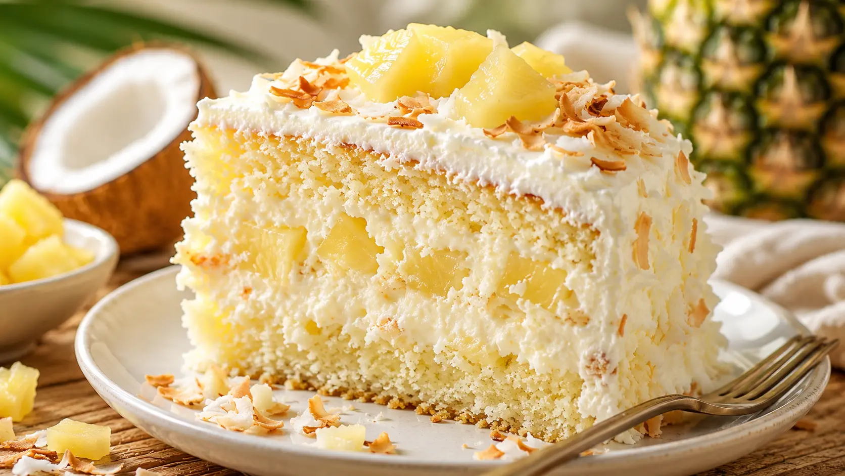 Pineapple Coconut Dream Cake Recipe with soft cake layers, creamy pineapple filling, whipped coconut frosting, toasted coconut flakes, and fresh pineapple topping.