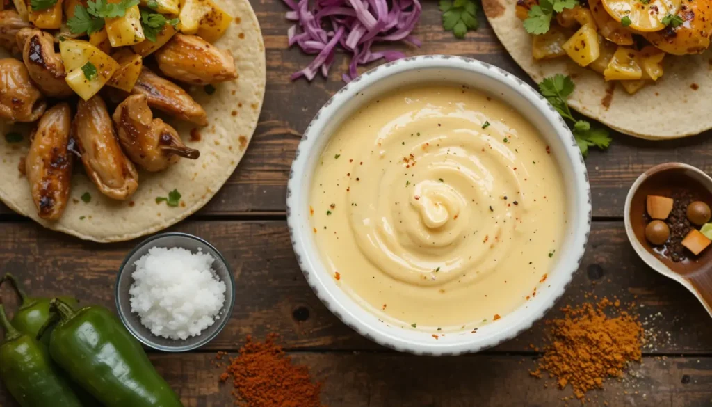 copycat taco bell quesadilla sauce recipe in white ramekin on wooden table