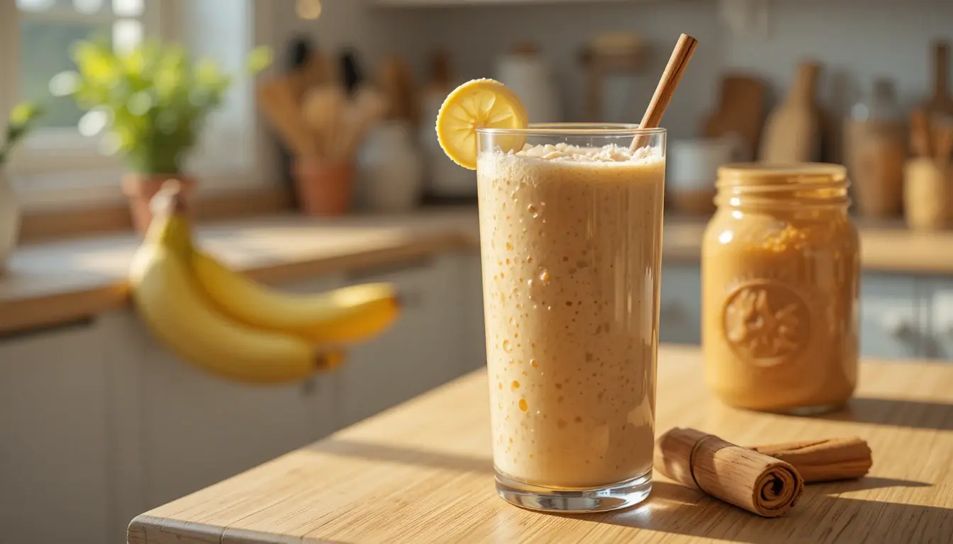 Blending the South Block peanut butter smoothie in a kitchen