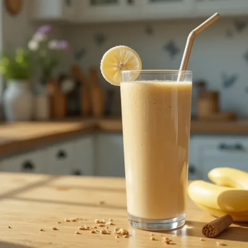 Homemade South Block style peanut butter smoothie served in a mason jar
