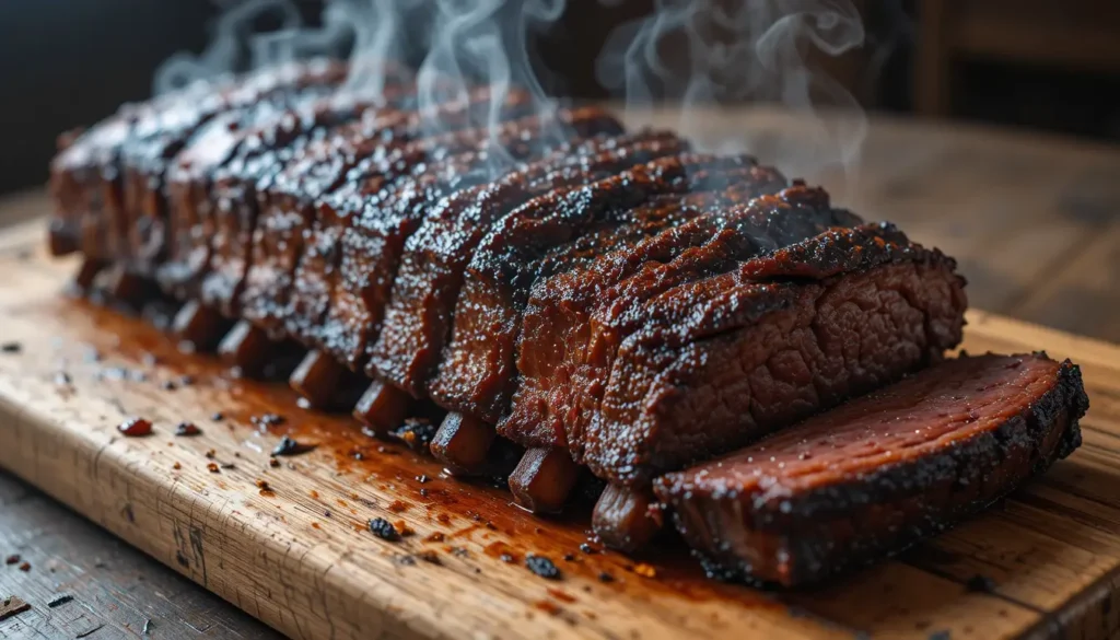 smoked beef short ribs recipe with bark on cutting board
