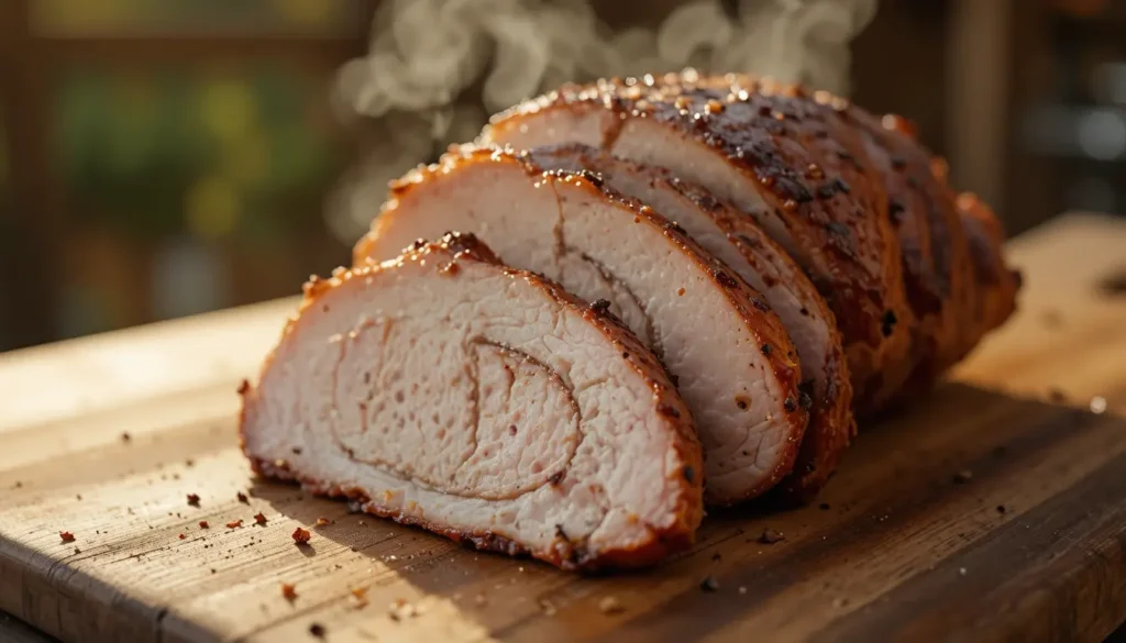 Butterball smoked turkey breast sliced on wooden board