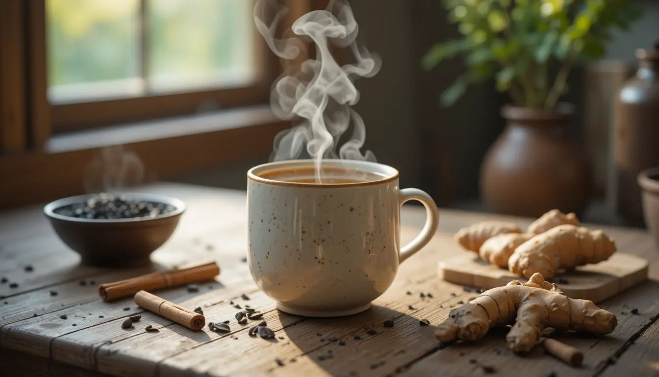 pulhia tea in a steaming mug on a rustic table