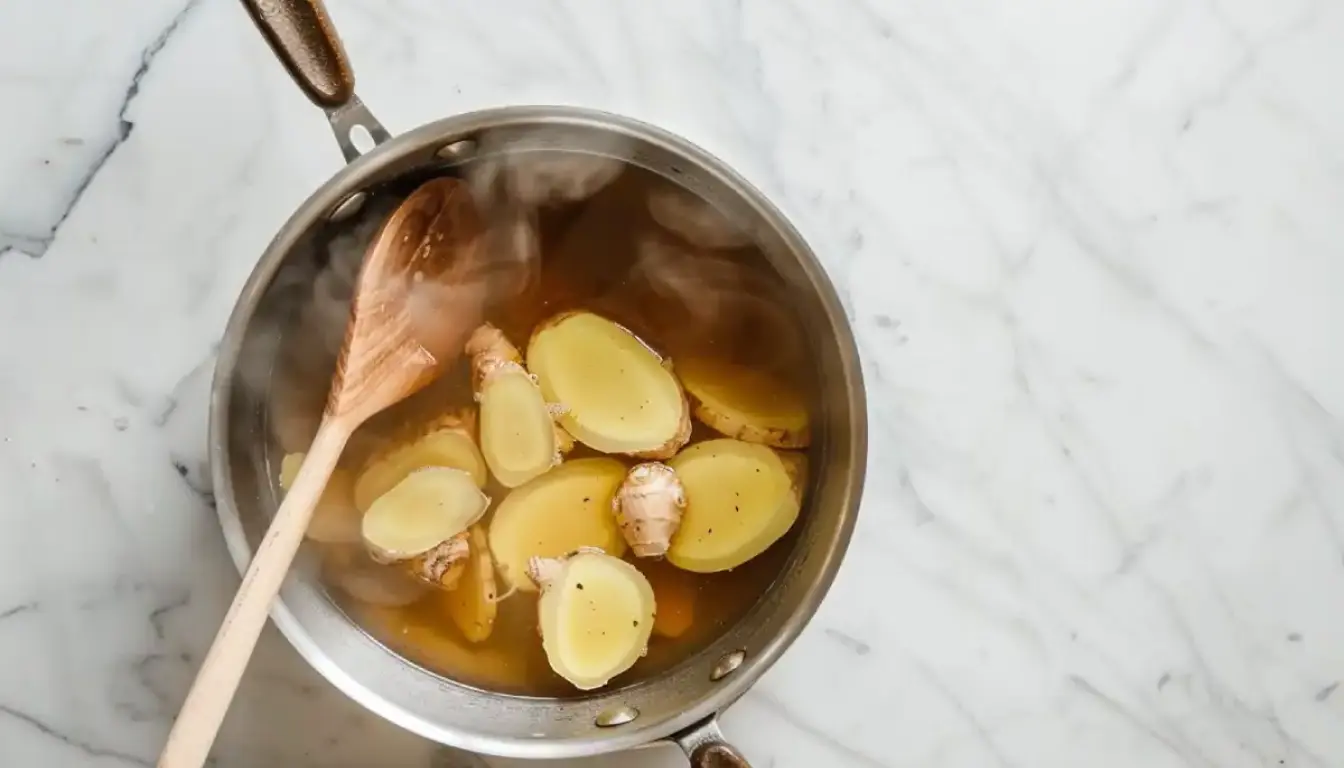 pulhia tea base with tea leaves ginger and spice in saucepan
