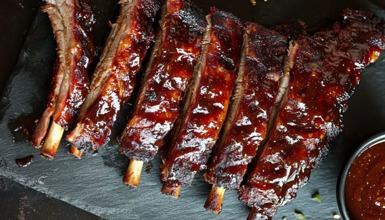 smoking beef short ribs on a cutting board