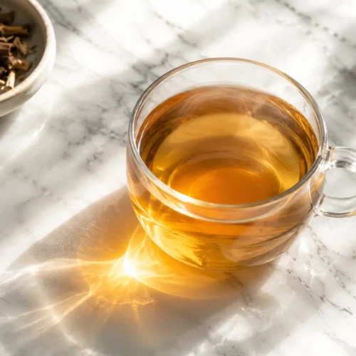 Essiac tea recipe card with herbs and mug